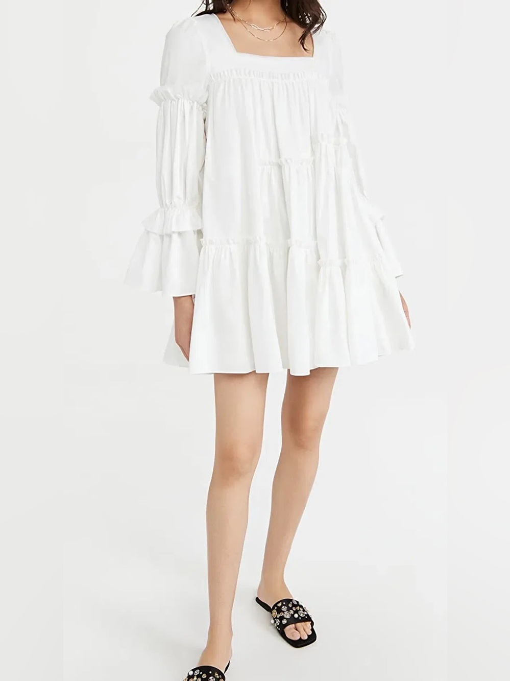 NWT Aje White Square Neck Ruffle Tiered Mini Dress Size 10 - Picture 11 of 14